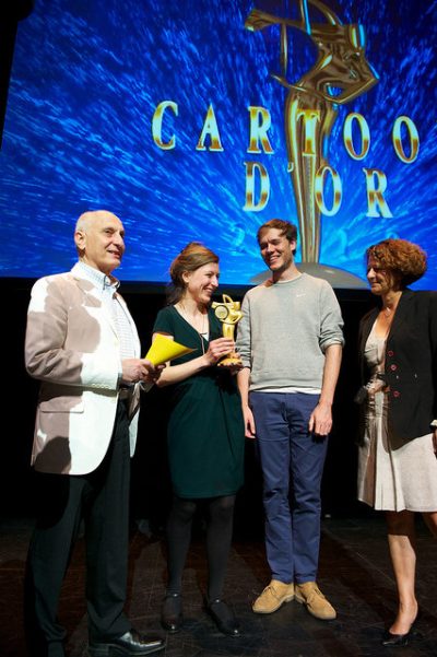 Michel Ocelot (Director of Kirikou), Emma De Swaef, Marc James Roels, Dominique Salomon (Vice-President of the Midi-Pyrenees Region) (c) CARTOON MEDIA Oh, Willy! Cartoon d'Or award ceremony
