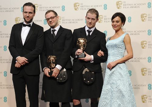 Rafe Spall and Helen McCrory present the Short Animation BAFTA to Ainslie Henderson and Will Anderson for The Making of Longbird (c) baftaimages will-anderson-bafta 2013