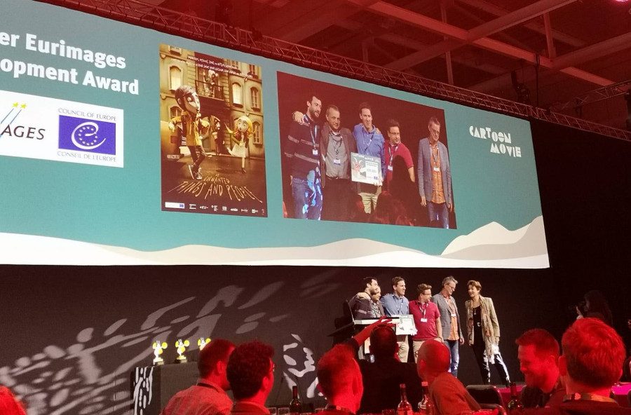 The team of Unwanted Things and People at stage during the 2019 CARTOON Movie (c) CEE Animation