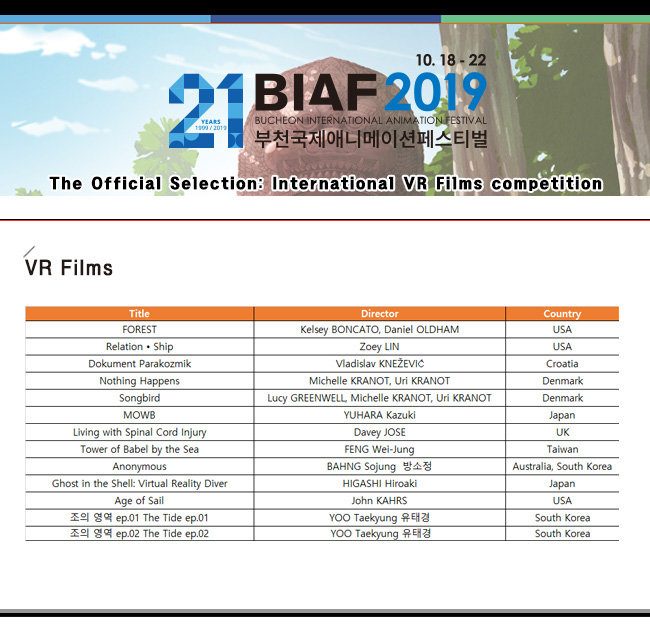 BIAF 2019 Selected VR Films list
